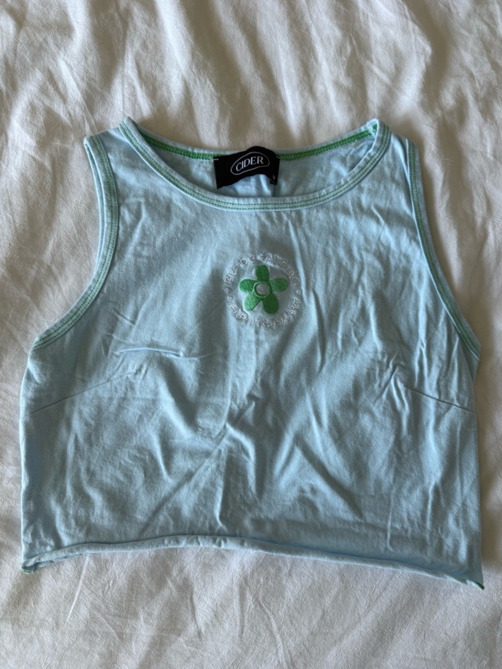 Cider Light Blue Cropped Tank with Green Flower Trim